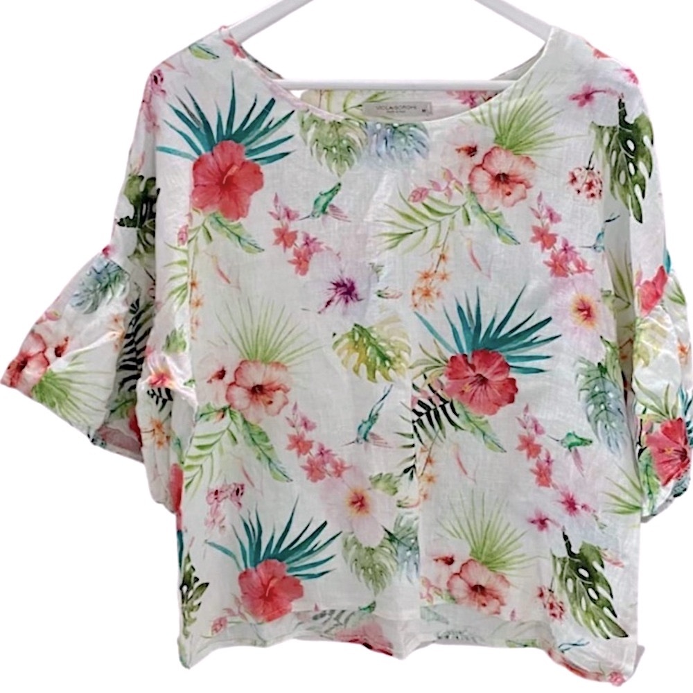 VIOLA BORGHI Top Linen Blouse Colorful Floral Hummingbird White Red Size Small
